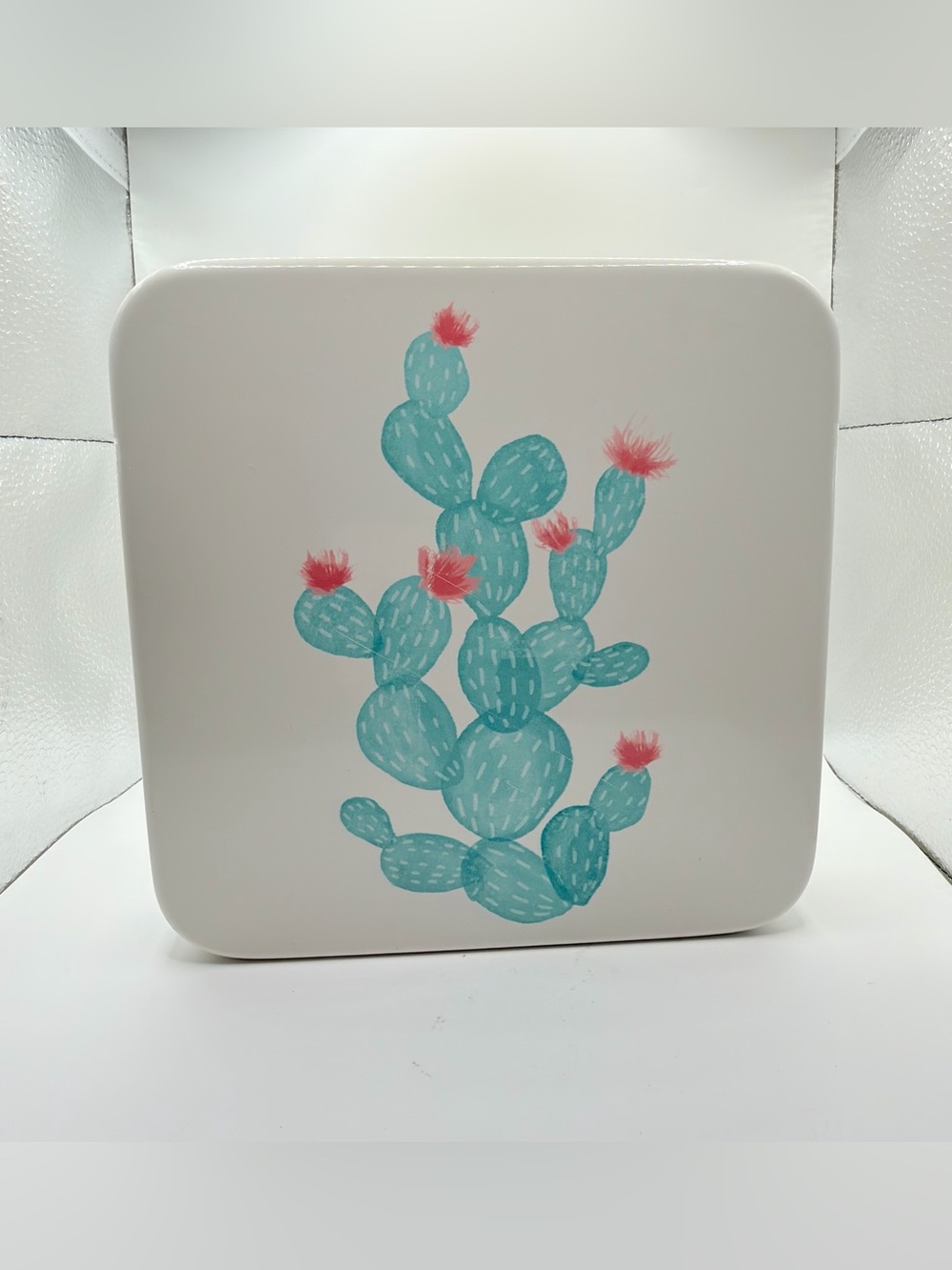 Aqua Cactus Decorative wall art tin with Pink Blooms